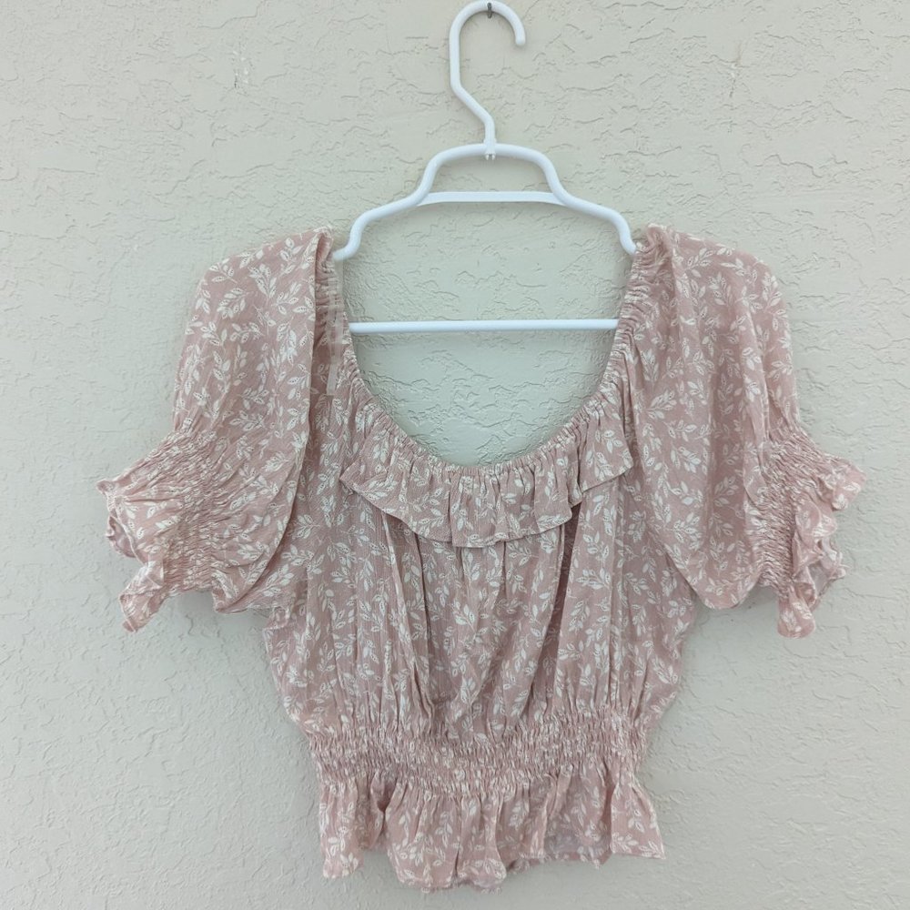 Arizona Off the Shoulder Ruffled Floral Pink Crop Blouse Size M NWT - Picture 4 of 4